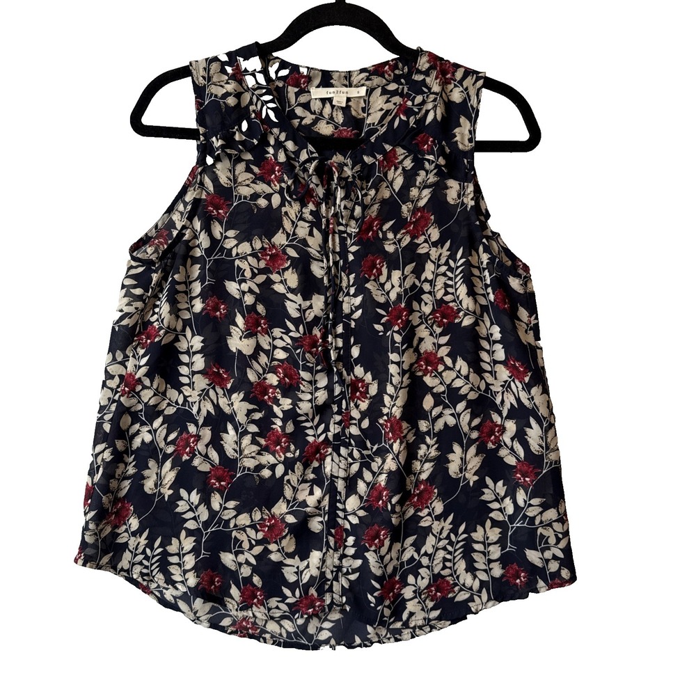 Fun2Fun Navy Sheer Floral Ruffle Tie Neck‎ Sleeveless Blouse S Boho Cottagecore